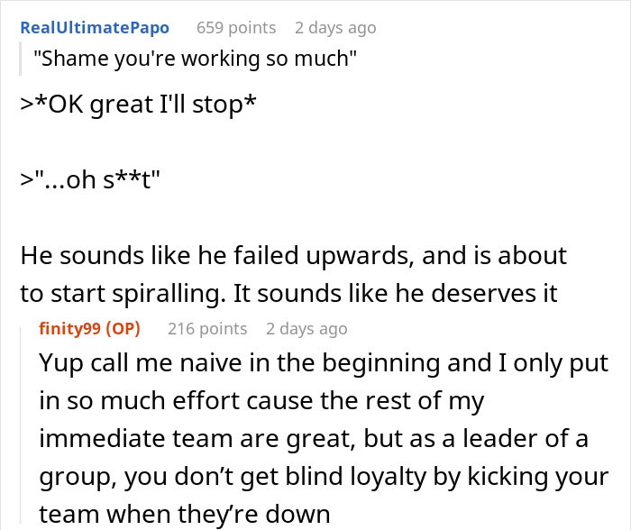 Comments from an employee about working 30 hours overtime and facing criticism for their leadership and effort.