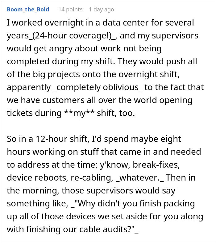 Text post from a forum where an employee describes working overtime hours and supervisors criticizing their workload.