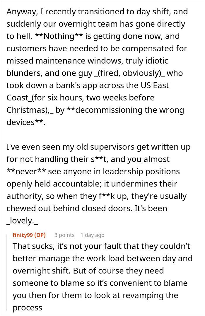 Text excerpt showing an employee's complaint about poor team performance and leadership accountability after working excessive overtime hours.