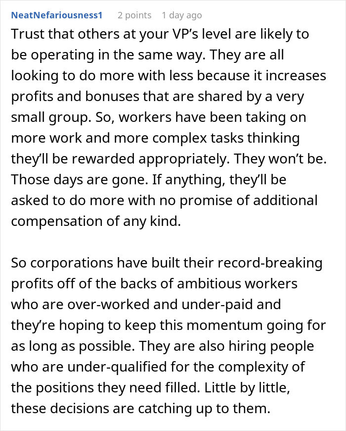 Comment highlighting worker exploitation and undervaluation amid 30 hours overtime and corporate profit focus.