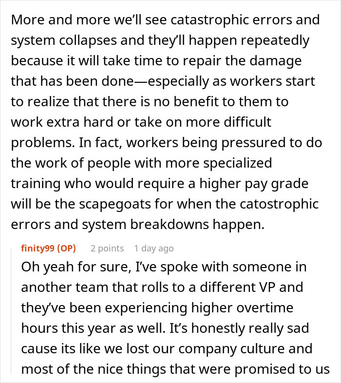 Text discussion about workers facing system collapses and high overtime hours causing loss of company culture and work pressure.