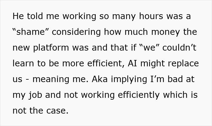 Text excerpt discussing employee working 30 hours overtime and concerns about efficiency and AI replacement at work.