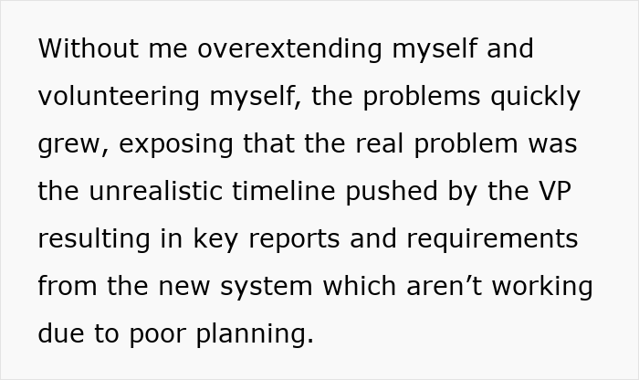 Text excerpt about employee overextending with 30 hours overtime due to unrealistic timeline and poor planning issues.