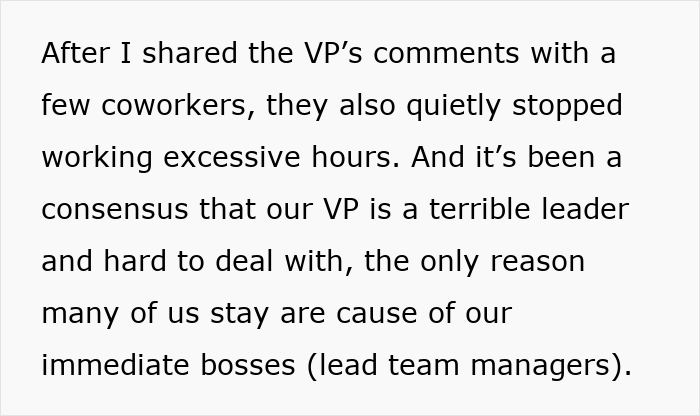 Text excerpt showing an employee discussing overtime work and negative comments from upper management about working excessive hours.