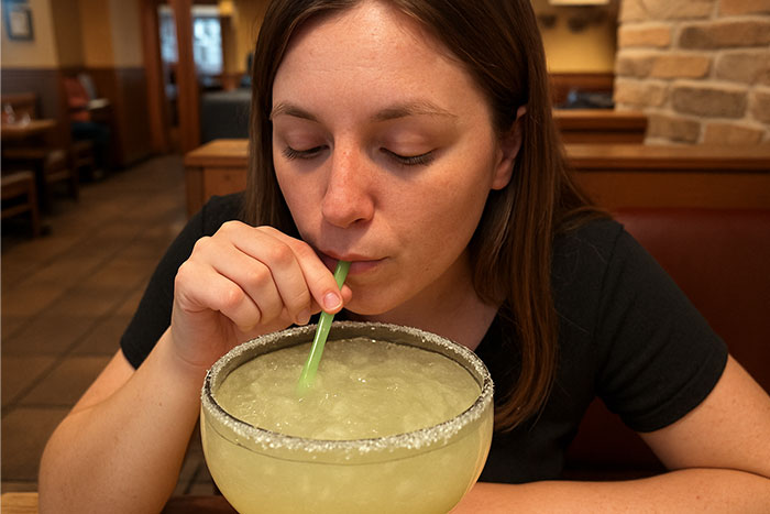 Woman sipping a large margarita at a restaurant, illustrating servers sharing the worst dates they witnessed at work.
