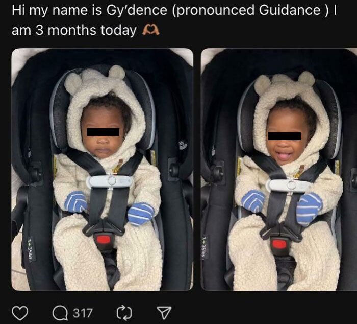Baby named Gy'dence wearing a cozy bear outfit and car seat, featured in a list of unique baby names parents loved.