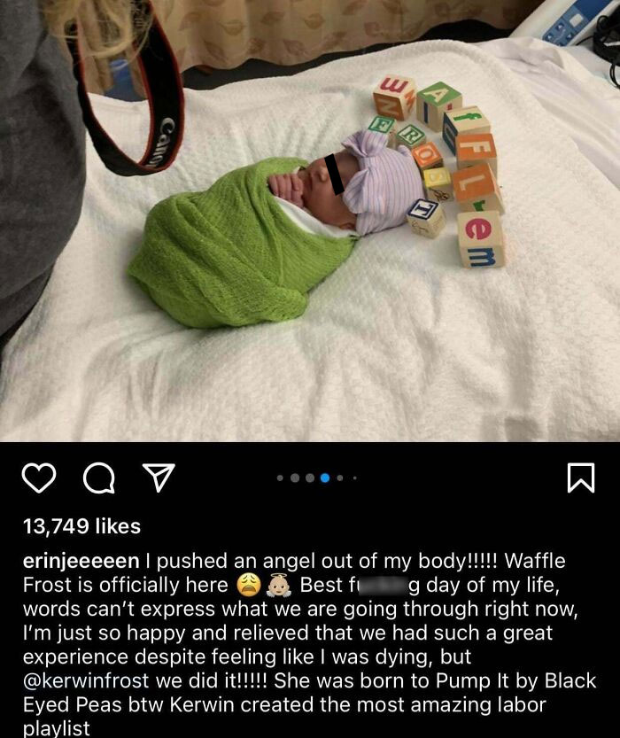 Newborn baby wrapped in green cloth lying on white blanket beside colorful blocks representing popular baby names parents loved but others judged.