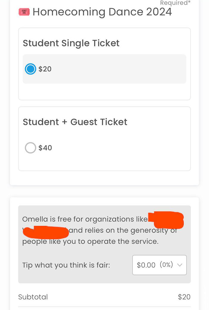 Homecoming dance ticket selection screen showing tipping option and highlighting ridiculous tipping culture.