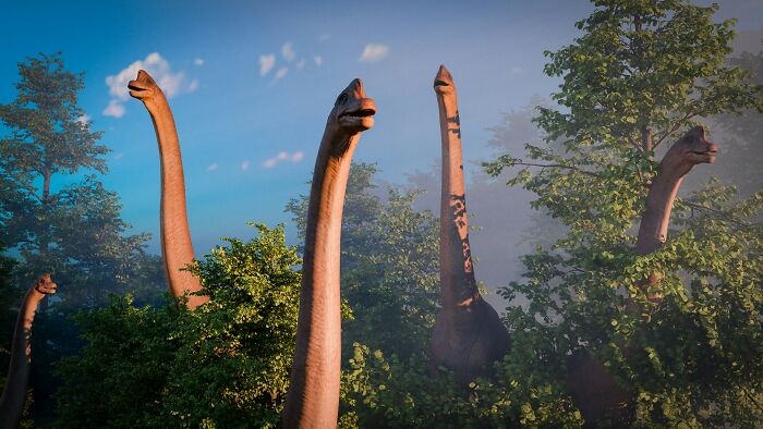 Long-necked dinosaurs emerging from dense forest under clear blue sky, illustrating fascinating dinosaur facts.