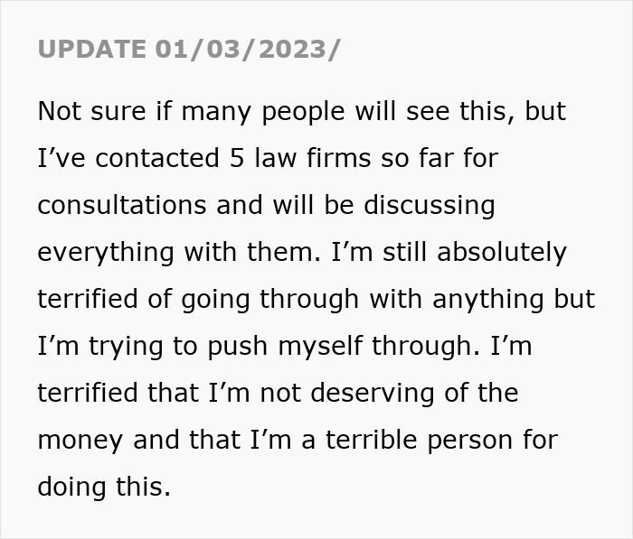 Update text from a person discussing contacting law firms regarding embezzlement and gaslighting of inheritance money.