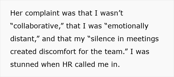 Text excerpt describing a coworker's complaint about lack of collaboration and silence harming team morale, prompting HR involvement. - 7