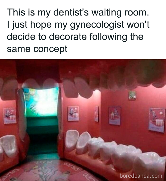 Waiting room designed as giant teeth, showcasing a humorous medical meme about healthcare and expensive dental visits.