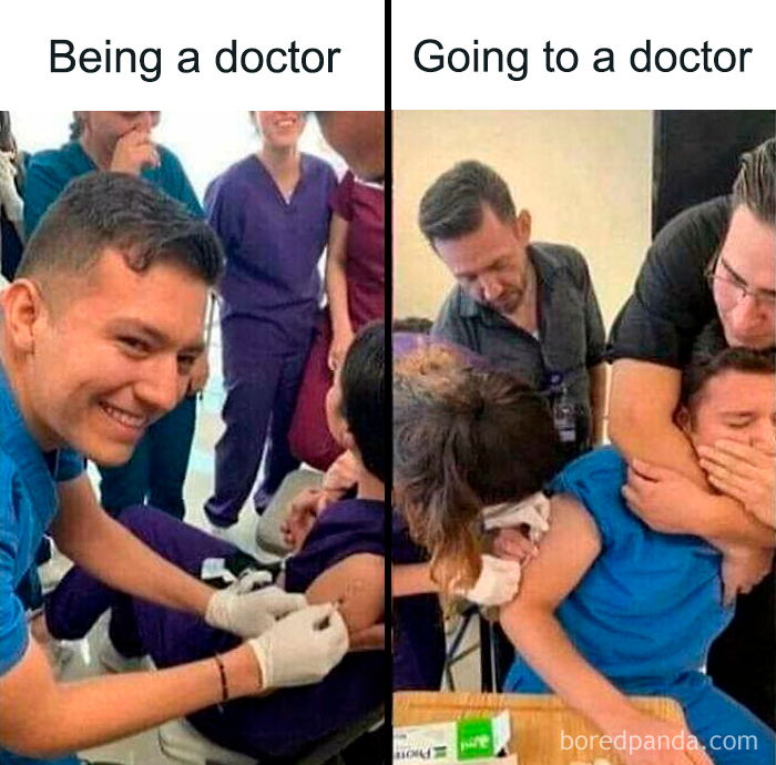 Side-by-side images showing medical memes about being a doctor giving a shot and a patient reacting in discomfort.