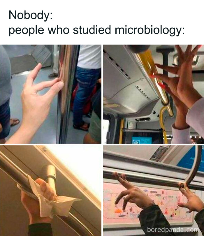 Hands holding public transport poles with fingers in shapes resembling microbiology techniques, a medical meme about healthcare costs.