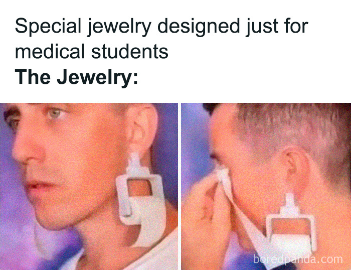 Man wearing humorous medical student jewelry shaped like a nasal cannula in a meme about medical memes and healthcare costs.