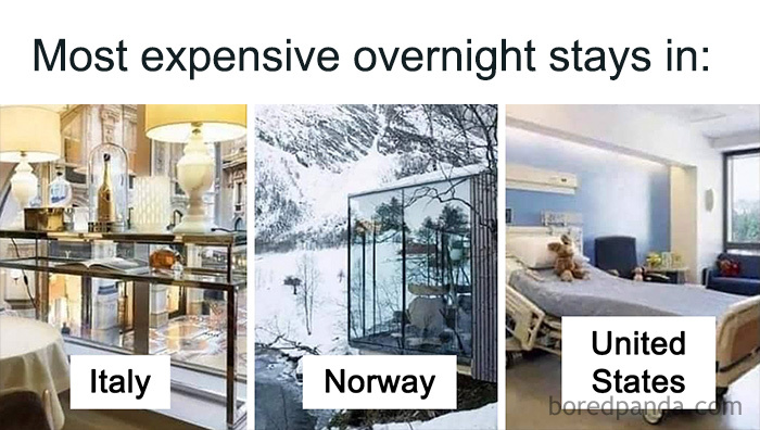 Comparison of most expensive overnight stays in Italy, Norway, and the United States highlighting healthcare costs meme.