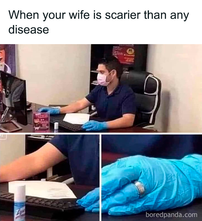 Man in medical gloves and mask at a desk, showing humor in medical memes about healthcare being expensive and stressful.