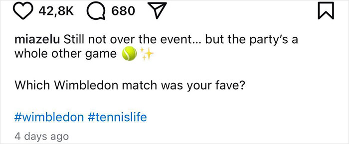 Instagram post by user miazelu mentioning a Wimbledon tennis event with hashtags wimbledon and tennislife.