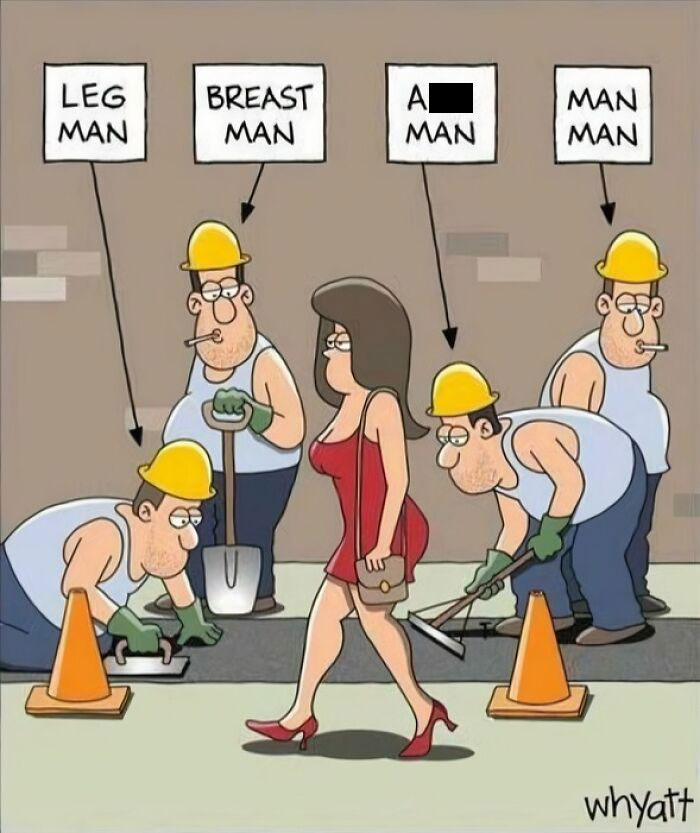 Cartoon showing construction workers labeled with cringy jokes, highlighting boomer humor and internet culture clash.