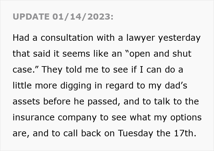 Update text discussing legal consultation about inheritance and embezzlement case involving gaslighting and a $160K amount.