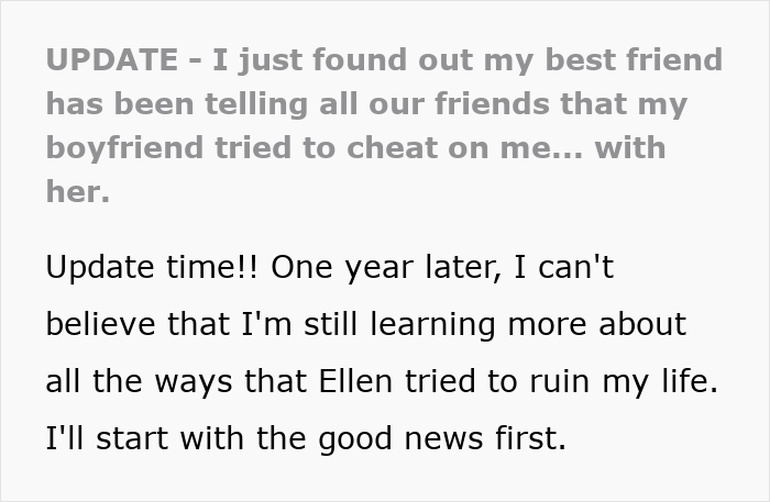 Text update about best friend sabotage relationship bf revealing betrayal and attempts to ruin trust in boyfriend.