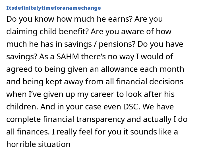 Text excerpt discussing mom facing money issues while husband advises budgeting, highlighting financial transparency and SAHM challenges. Text excerpt discussing mom facing money issues while husband advises budgeting, highlighting financial transparency and SAHM challenges.