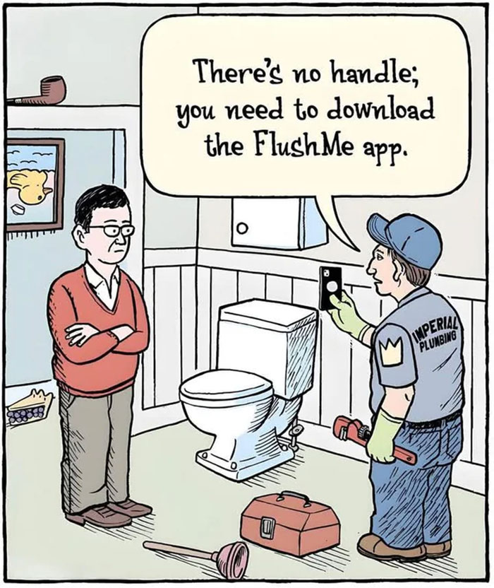 Plumber explaining to man in bathroom that the toilet needs the FlushMe app, highlighting cringy boomer internet humor.