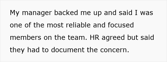 Text showing a manager supporting a reliable team member while HR acknowledges concerns and plans documentation. - 8