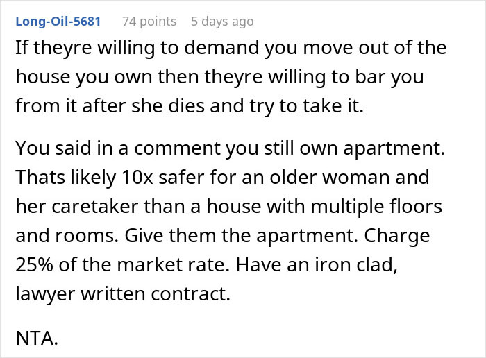 Comment discussing risks when a man buys wife's childhood home and her brother demands he move out for the family. - 37