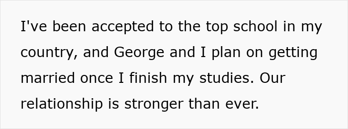 Text on a white background describing acceptance to a top school and a strong relationship plan to marry after studies.