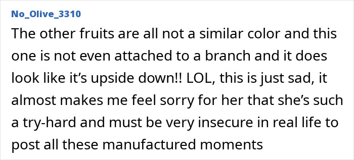 Comment criticizing Meghan Markle's fruit-picking photo as embarrassing and accusing it of being a fraudulent moment.