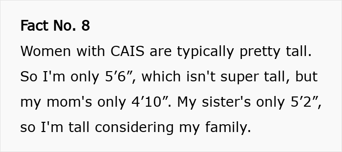 Text image showing Fact No. 8 about intersex woman with XY chromosome and height differences compared to family members. - 10
