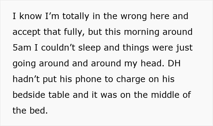 Text excerpt showing a woman describing sleeplessness and suspicion about her husband texting his mother with every single thing being a lie.