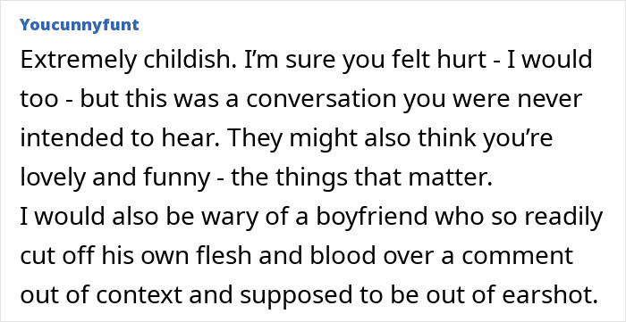 Commenter&rsquo;s reaction to woman shocked after overhearing boyfriend&rsquo;s parents talking about her, expressing distrust and hurt feelings.