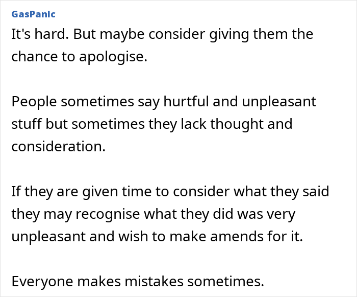 Text advice on handling being shocked after overhearing boyfriend&rsquo;s parents talking negatively about a woman, encouraging apology and understanding.