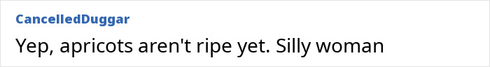 Comment text on a white background reading Yep, apricots aren't ripe yet Silly woman referencing Meghan Markle fruit-picking photo accusations