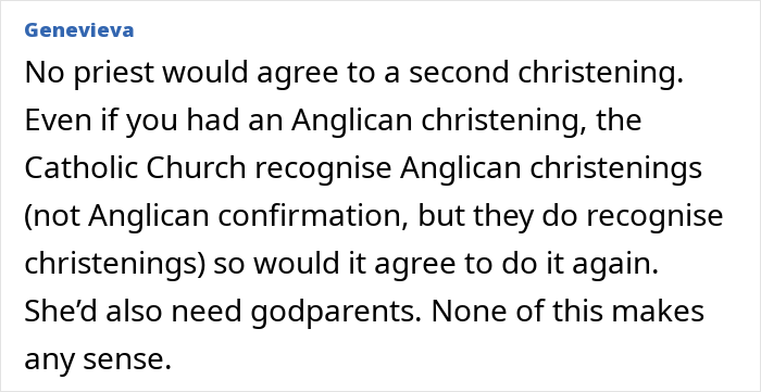 Text post discussing church rules on christenings, mentioning Anglican and Catholic recognition and godparent requirements.