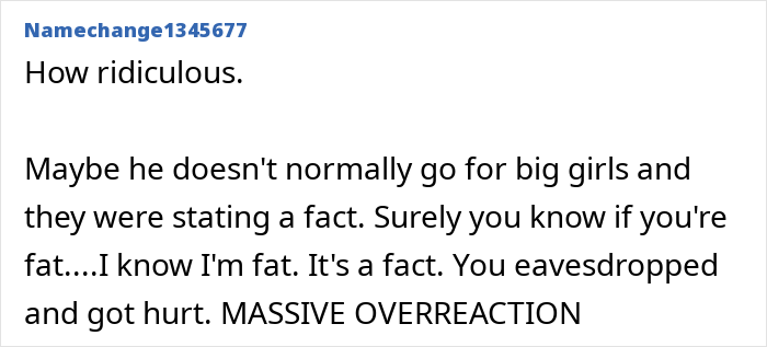 Screenshot of an online comment where a woman expresses shock after overhearing boyfriend&rsquo;s parents talking about her and reacts strongly.