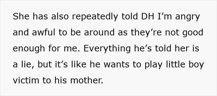 Text excerpt showing conflict as woman discovers husband texted his mother with repeated lies to gain sympathy.