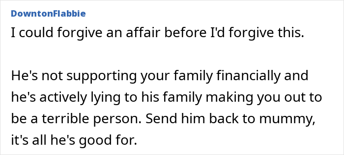 Alt text: Comment discussing a woman discovering her husband lied in texts to his mother about family and financial support.