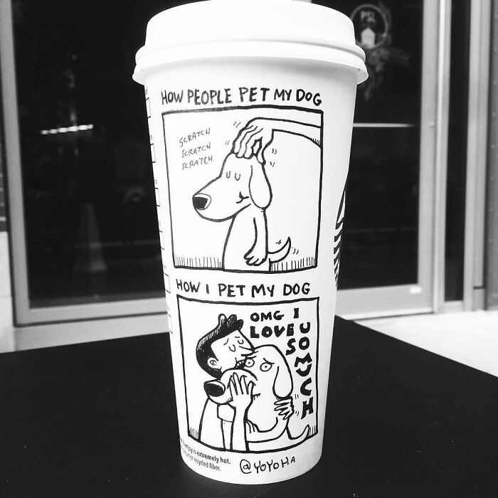 Coffee cup featuring relatable cartoons about petting dogs, showcasing the artist’s humorous and creative coffee cup illustrations.