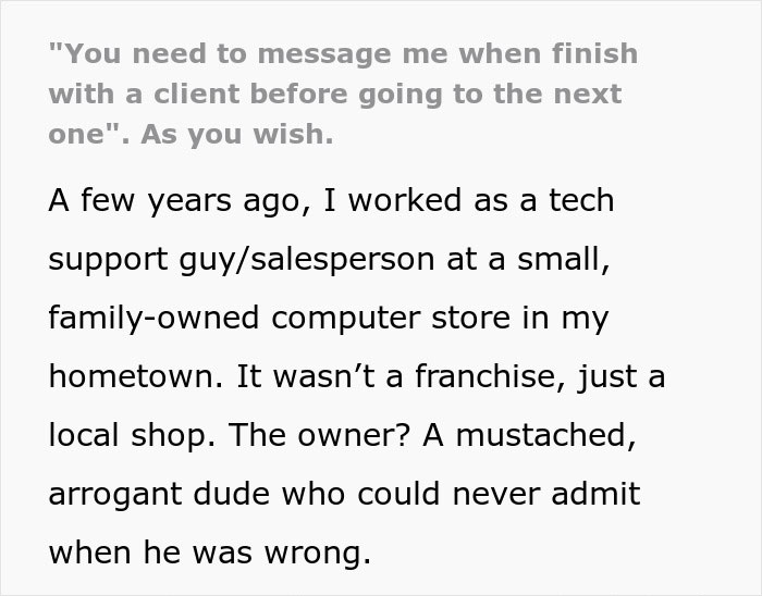 Text excerpt about a tech support guy messaging after every client and being ignored by his boss for hours. - 2