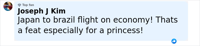 Comment from Joseph J Kim praising Japanese Princess Kako for flying economy class on a Japan to Brazil flight.