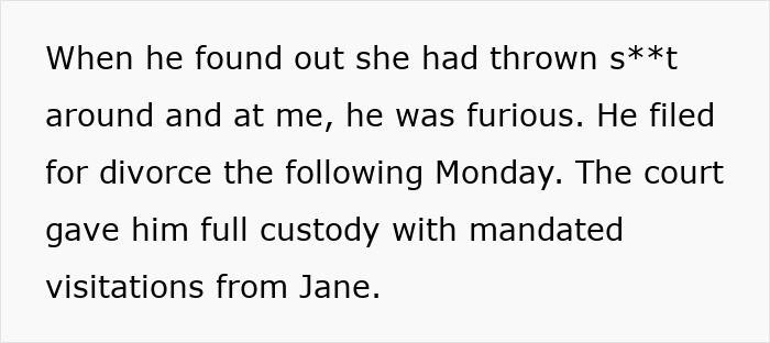 Text excerpt describing a manipulative mom causing family drama resulting in divorce and custody changes. - 35