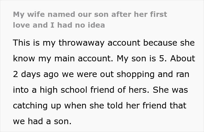 Text excerpt describing a husband feeling sick after realizing who their son is named after, sharing a personal story. - 2
