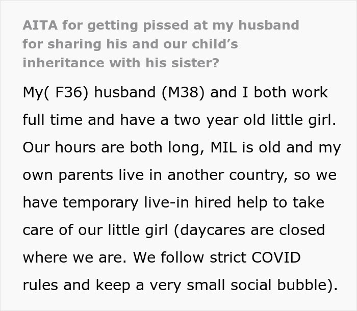 Alt text: Excerpt from a post about husband promising daughter's inheritance to freeloader sister, causing wife's anger and family conflict. - 2