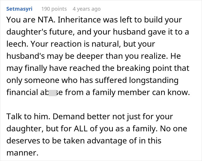 Comment about husband promising daughter's inheritance to freeloader sister causing wife's anger and emotional conflict. - 21