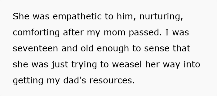 Text describing a woman being empathetic but suspected as a gold digger trying to get the father's resources. - 6