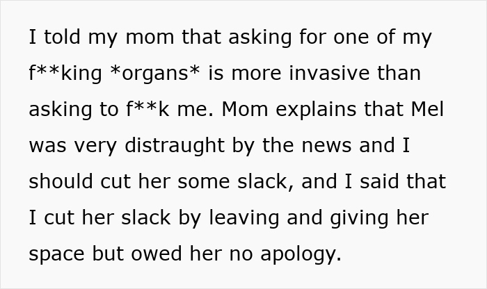 Text about a woman refusing to be an organ donor for mom's obnoxious bestie and the apology she was told to give. - 14