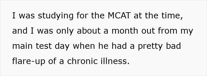 Text about studying for the MCAT and dealing with a boyfriend&rsquo;s chronic illness flare-up affecting the relationship.